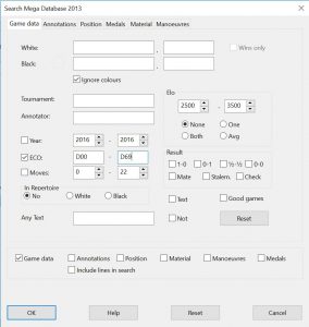 1st Chessbase Search screen, selecting a range of ECO codes to search on